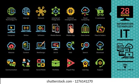 Information technology color glyph icon set on a black background with IT network communication computer tech system, internet of things, artificial intelligence, cloud computing, e-commerce pictogram