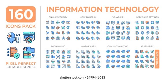 Informationstechnologie bunte Icons Set Sammlung. Persönliche Sicherheit, Nutzung der Hilfe. Virtuelle Realität, ar. Megapaket von flachen Linien Symbole, Pixel perfekt. Isolierte Vektorgrafiken. Bearbeitbarer Strich