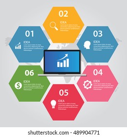 information technology computer laptop infographic map world six steps elements components hexagonal