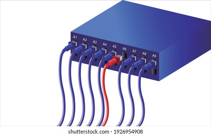 Information Technology Computer Network, Network Telecommunication Switch Ethernet Cables Connected to Internet Switch, Data Center 3d Concept in blue toned on white background.
