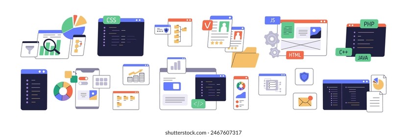 Information technology concept. Digital screens, user interfaces set for mobile app, web-site. UI designs, codes, scripts, content analytics. Flat vector illustrations isolated on white background