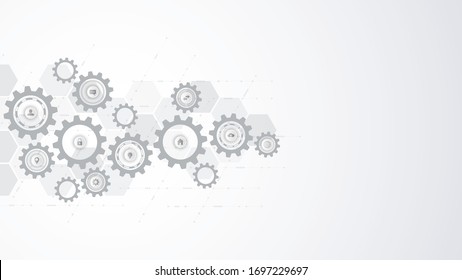 Information technology concept with infographic elements and flat icons. Cogs and gear wheel mechanisms. Hi-tech digital technology and engineering. Abstract technical background