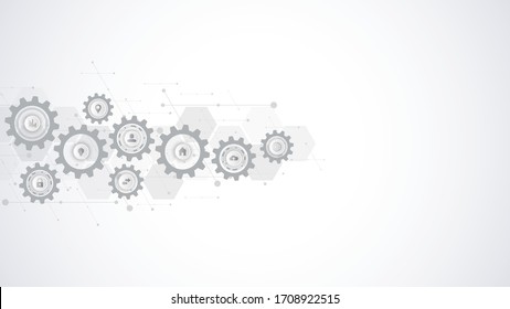 Information technology concept with infographic elements and flat icons. Cogs and gear wheel mechanisms. Hi-tech digital technology and engineering. Abstract technical background