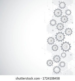 Information technology concept with infographic elements and flat icons. Cogs and gear wheel mechanisms. Hi-tech digital technology and engineering. Abstract technical background