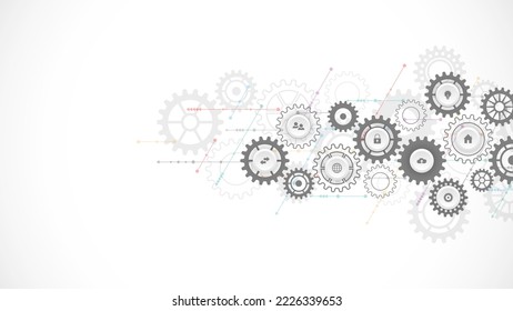 Information technology concept with infographic elements and flat icons. Cogs and gear wheel mechanisms. Hi-tech digital technology and engineering. Abstract technical background. Vector illustration