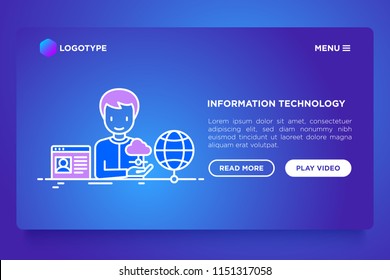 Information technology concept: man using cloud service. Vector illustration, web page on gradient background.