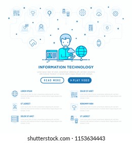 Information technology concept: man using cloud service. Thin line icons: social network, search, feedback, video call, downloads, cloud data. Vector illustration, web page template.