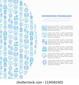 Information technology concept with thin line icons: social network, system backup, search, LAN network, connection, API, feedback, video call, online news. Vector illustration, web page template.