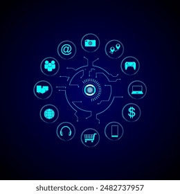 Information technology development background, access to all, security, shopping, work, just one button