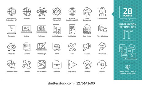 Information technology editable stroke outline icon set with IT network system, communication, online computer, website content, web design, software, data center, mobile device and app thin line sign