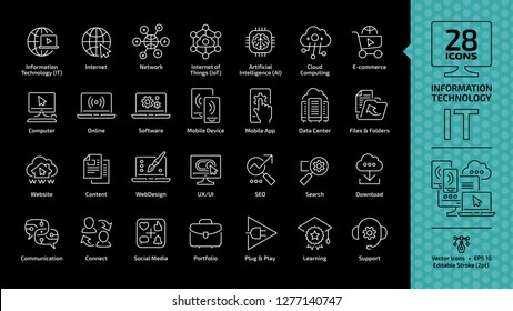 Icono de esquema de trazo editable de tecnología de la información establecido en un fondo negro con sistema de red de TI, comunicación, software de computadora, archivos y carpetas, UX/UI, SEO, búsqueda, descarga símbolo de línea delgada