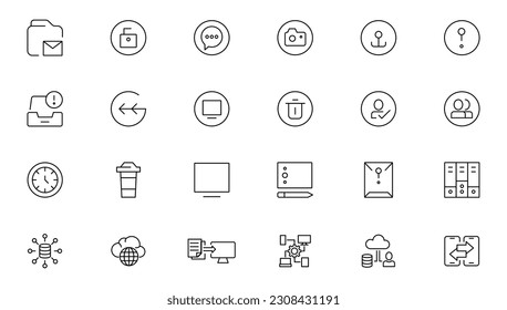 Information technology editable stroke outline icon set with IT network system, communication, online computer, website content, web design, software, data center, mobile device and app thin line sign