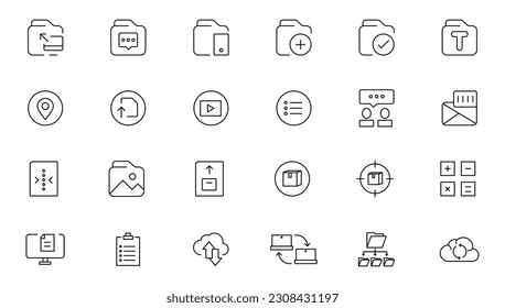 Information technology editable stroke outline icon set with IT network system, communication, online computer, website content, web design, software, data center, mobile device and app thin line sign