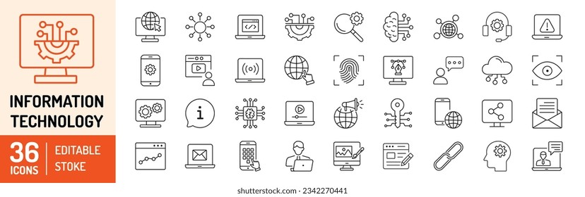 Information technology editable stroke outline icons set. IT network, internet, website, data, software, communication, online computer and programming. Vector Illustration