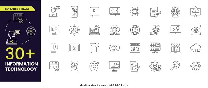 Conjunto de iconos de contorno de trazo editable de tecnología de la información. red informática, internet, sitio web, datos, software, comunicación, ordenador y programación en línea. Colecciones de vectores.