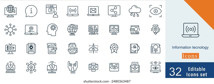 Conjunto de iconos de contorno de trazo editables de tecnología de la información. Red de TI, Internet, Sitio web, datos, software, comunicación, informática en línea y programación. Ilustración vectorial 