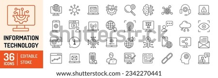 Information technology editable stroke outline icons set. IT network, internet, website, data, software, communication, online computer and programming. Vector Illustration