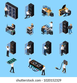 Information technology engineer and system administrator people at work isometric icons set isolated on blue background 3d vector illustration