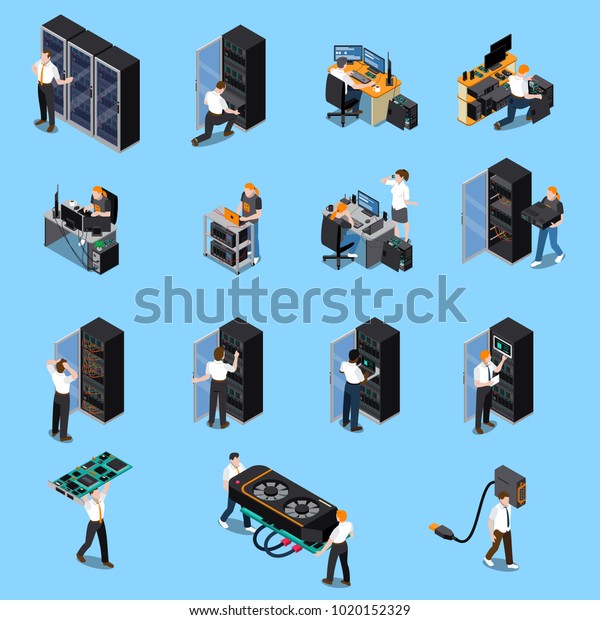 Information Technology Engineer And System Administrator People At Work Isometric Icons Set 3575