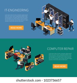 Information Technology Engineering Specialist And Computer Repair Service Horizontal Banners Set 3d Isometric Isolated Vector Illustration