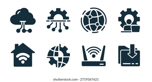 Tecnología de la información excelente colección de iconos. Conjunto de red en la nube, equipo del sistema, red global, Configuraciones de usuario, wifi doméstico, sistema global, router wifi, iconos de Descarga de datos