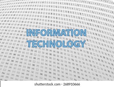 Information technology generic background in flat design. High data volume represented by various icons and symbols for connected devices, document, structured data, unstructured data, servers etc.
