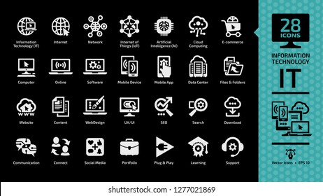 Information technology glyph icon set on a black background with IT network system, internet of things, artificial intelligence, cloud computing, e-commerce, computer tech and communication symbols.