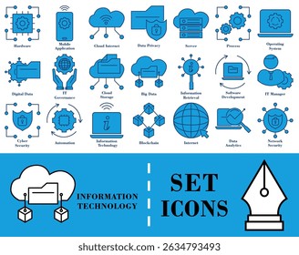 Information technology glyph icon set and digital interface buttons. Includes thin line symbols such as download UI elements, network, cloud computing, system control, and technology.