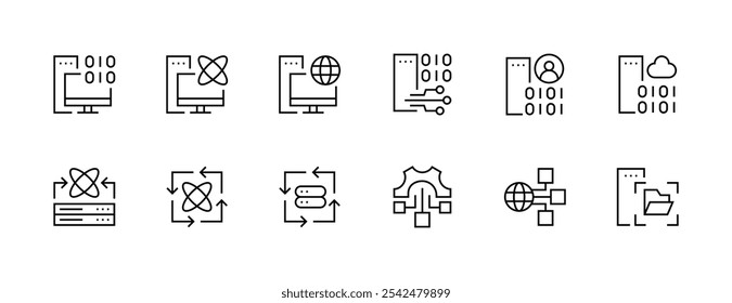 Colección de íconos de tecnología de la información. Conjunto de iconos de red. Sistema de información, centro de datos, conexión, red informática, desarrollo de Web y más. Trazo editable. Pixel perfecto. Base de rejilla 32px.