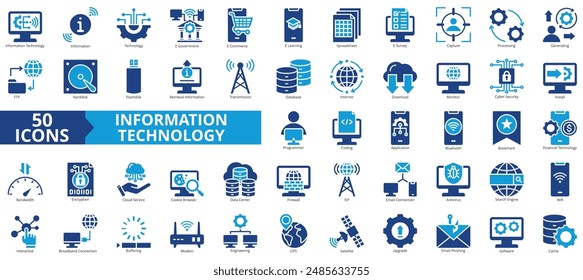 Information technology icon collection set. Containing e-government, e-commerce, e-learning, spreadsheet, e-survey, capture, processing icon. Simple flat vector.