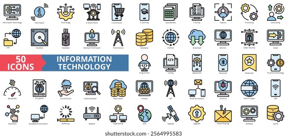 Information technology icon collection set. Containing e-government, e-commerce, e-learning, spreadsheet, e-survey, capture, processing icon. Simple flat outline vector illustration