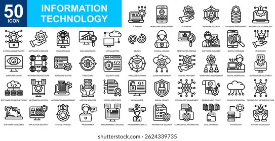 Conjunto de colecciones de iconos de Tecnología de información. Gestión de datos, tecnología futura, información de datos, SEO y Web, ícono de servicio digital. Vector de línea simple.