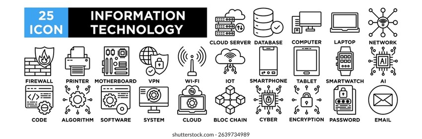 Information Technology icon collection set. Cloud Server, Database, Computer, Laptop, Network, Firewall
