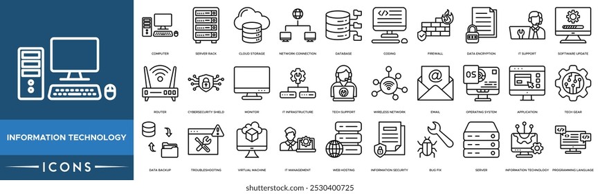 Information Technology icon. Computer, Server Rack, Cloud Storage, Network Connection and Database