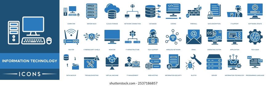 Ícone Tecnologia da informação. Computador, rack de servidor, armazenamento em nuvem, conexão de rede e banco de dados