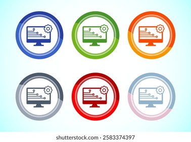 Information technology icon design illustration. Digital tech icon, 6 color button design set