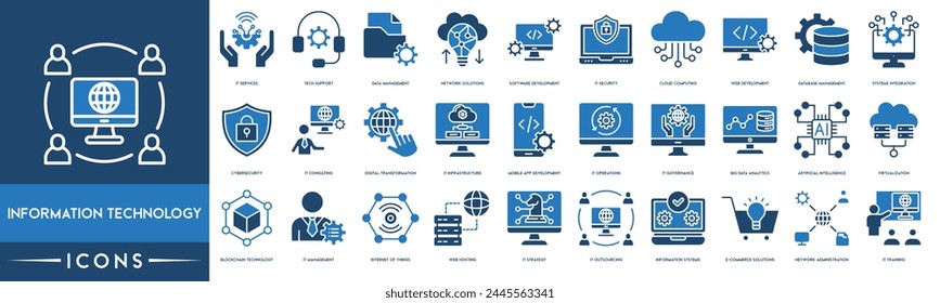 Information Technology icon. IT Services, Tech Support, Data Management, Network Solutions, Software Development, IT Security, Cloud Computing, Web Development and Database Management icon set.