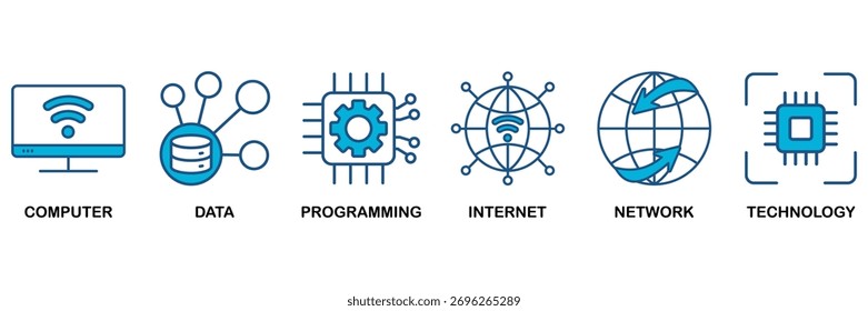 Information technology icon set Blue Monochrome Flat Design concept for computer, data, programming, database, internet, network, and technology
