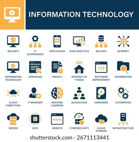 Conjunto de iconos de tecnología de la información colección. Seguridad, gobierno de TI, aplicación, análisis de datos, big data, Internet, operación, privacidad y el mejor conjunto de iconos sólidos.