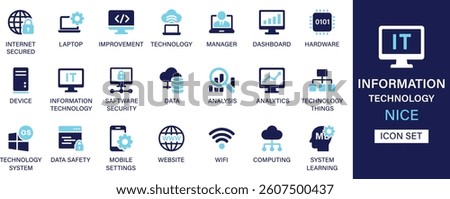 Information technology icon set collection. Internet secured, laptop, improvement, technology, manager, dashboard, hardware, device, software security and best solid icon set.