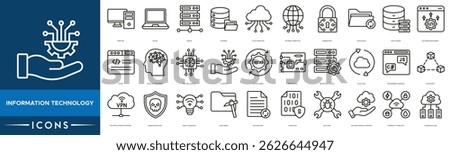 Information Technology icon set. Computer, Laptop, Server, Database, Cloud Computing, Network Connection, Cybersecurity and Data Backup