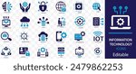 Information Technology icon set. Containing cloud computing, IT manager, big data, data analytics, internet, network security and more. Solid vector icons collection