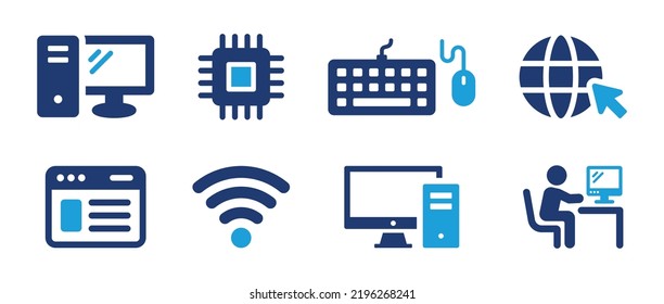 Information technology icon set. Containing computer gadget, Pc, electronics, keyboard, wifi and website icon. Vector illustration.