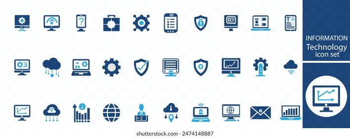 Information Technology icon set. Containing cloud computing, IT manager, big data, data analytics, internet, network security and more