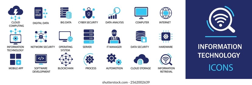 Information Technology icon set. Containing cloud computing, IT manager, big data, data analytics, internet, network security and more. Solid icons.