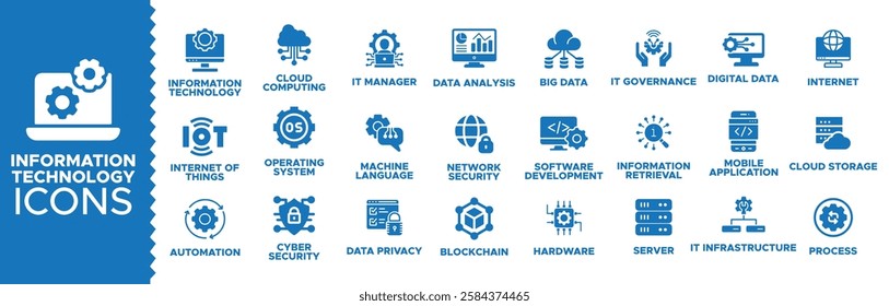 Information Technology icon set. Containing cloud computing, IT manager, big data, data analytics, internet, network security and more. Solid vector icon set or pack, eps file