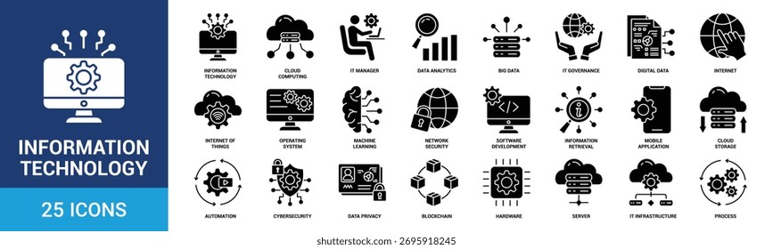 Information Technology icon set. Containing cloud computing, IT manager, big data, data analytics, internet, network security and more. Glyph vector icons collection.