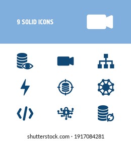 Information technology icon set and data processing with structure, video and internet of things. Database reload related information technology icon vector for web UI logo design.