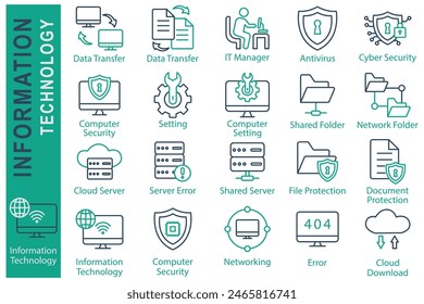 Conjunto de iconos de tecnología de la información. transferencia de datos, seguridad cibernética, configuración de la computadora y más. estilo de icono de línea. elemento de tecnología Ilustración vectorial