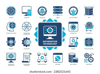 Information Technology icon set. Decision Making, Innovation, Information, Software, Data Storage, Security, Internet, Processing. Duotone color solid icons